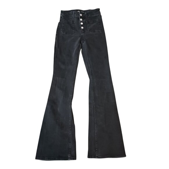 Zara Black High-Waisted Flare Jeans Size 4 With Patch Pockets & Button Fly - Picture 1 of 8